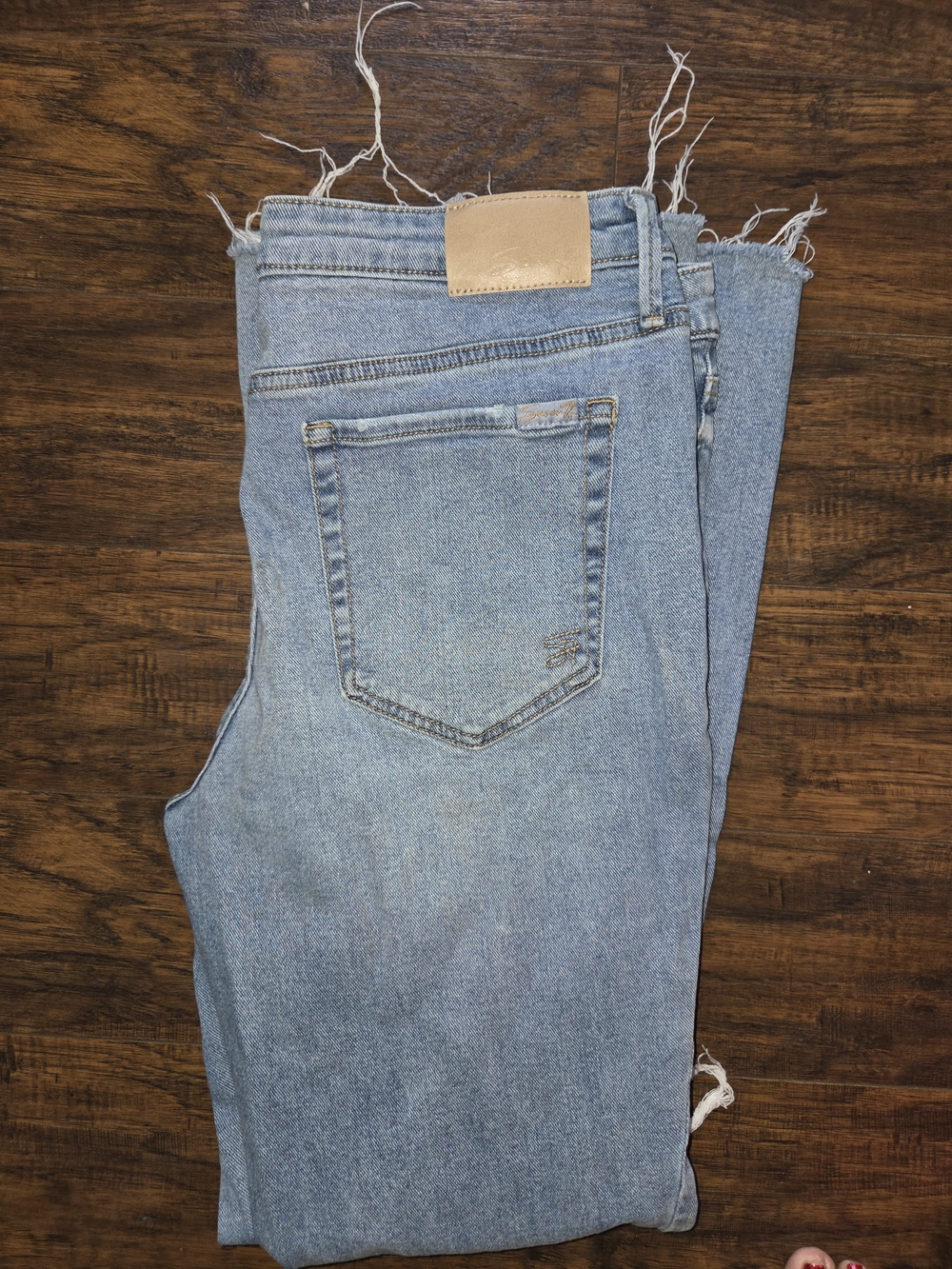 Seven7 Light Blue High-Rise Straight Jeans with Frayed Hem